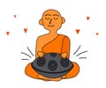 A Buddhist monk plays a hand drum. Musical instrument. Vector Royalty Free Stock Photo